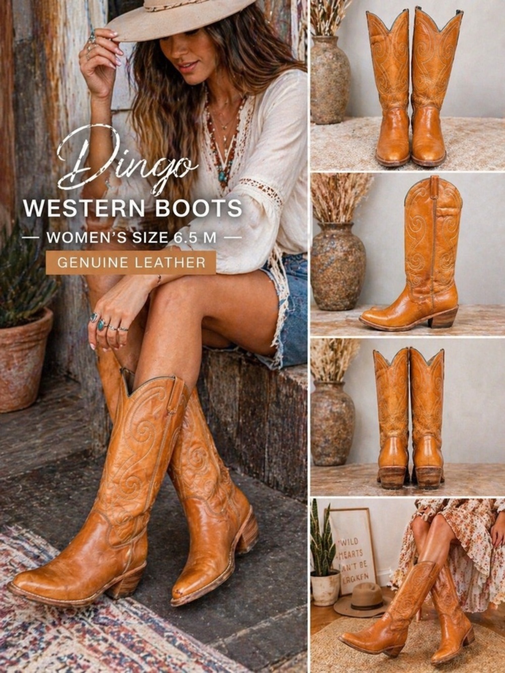 Dingo Western Boots Womens 6.5 Tan Leather Cowboy Embroidered Vintage